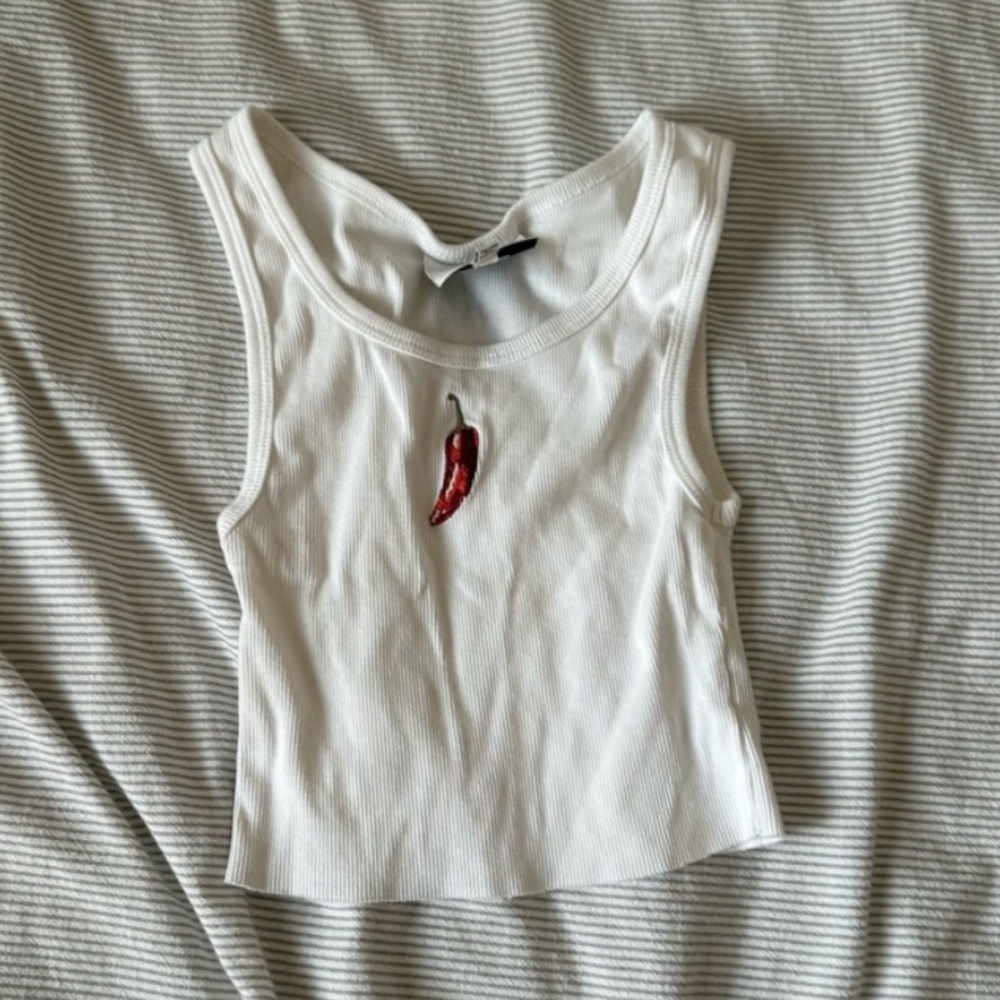 Reformation White Tank with Red Pepper Design